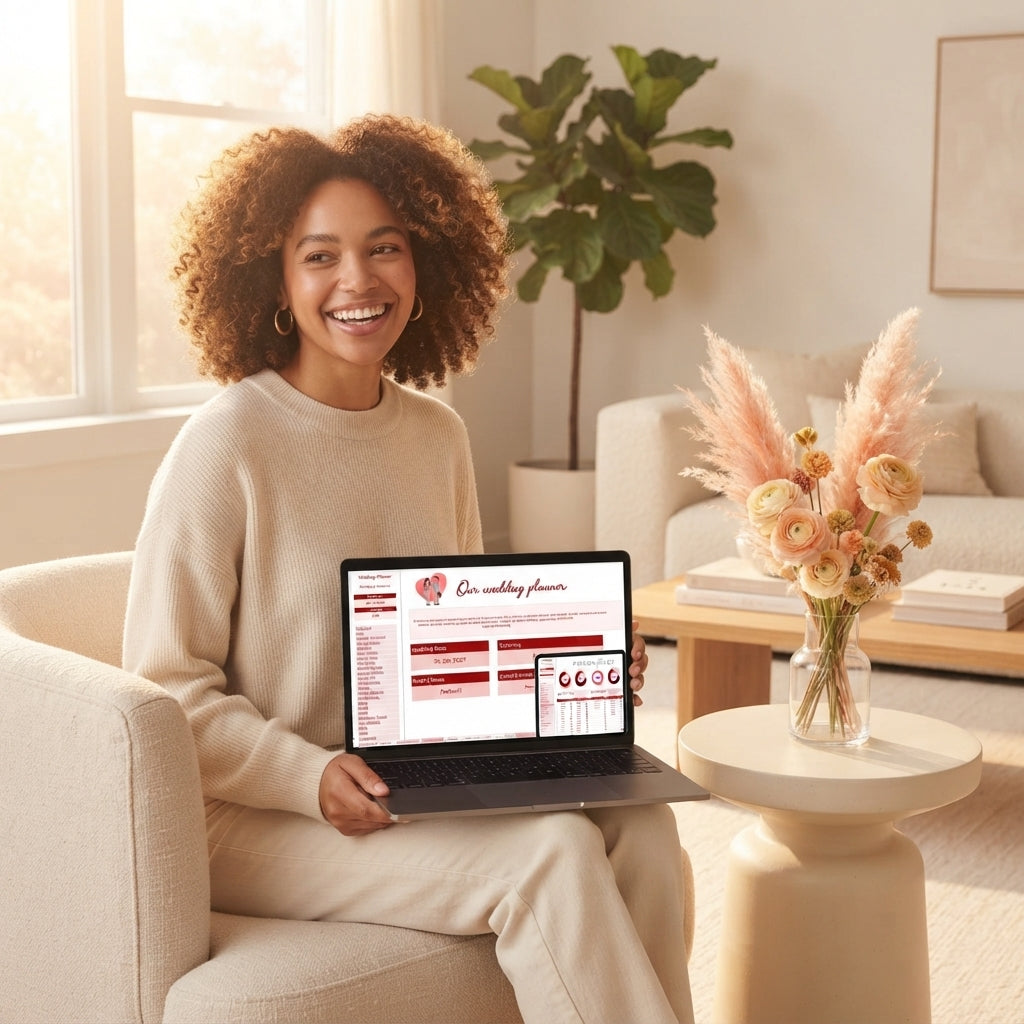 A woman using a wedding planner spreadsheet on a laptop in a sunlit, modern living room with soft peach and warm cream decor.