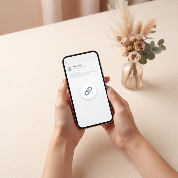 Hands holding a smartphone showing an email notification on a minimalist desk with soft lighting and floral accents.