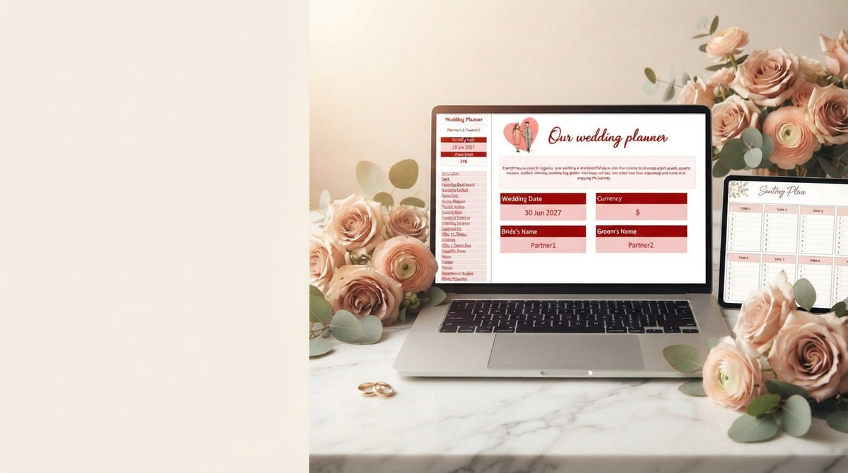 A laptop showing a wedding planning spreadsheet on a clean desk with soft floral decor in an airy, sunlit workspace.