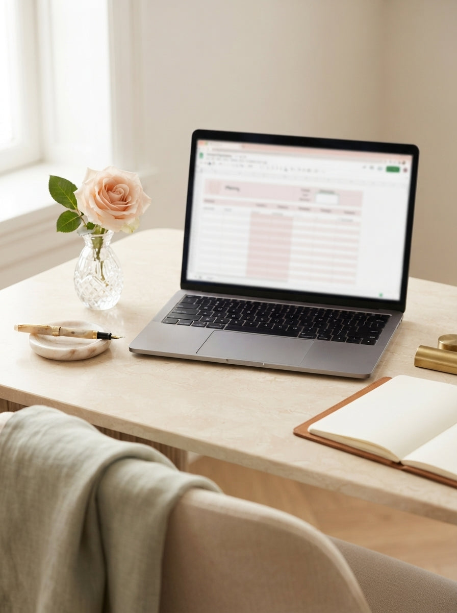 A modern workspace with a laptop displaying a wedding planning spreadsheet, styled with a rose and linen cloth in a sunlit ro